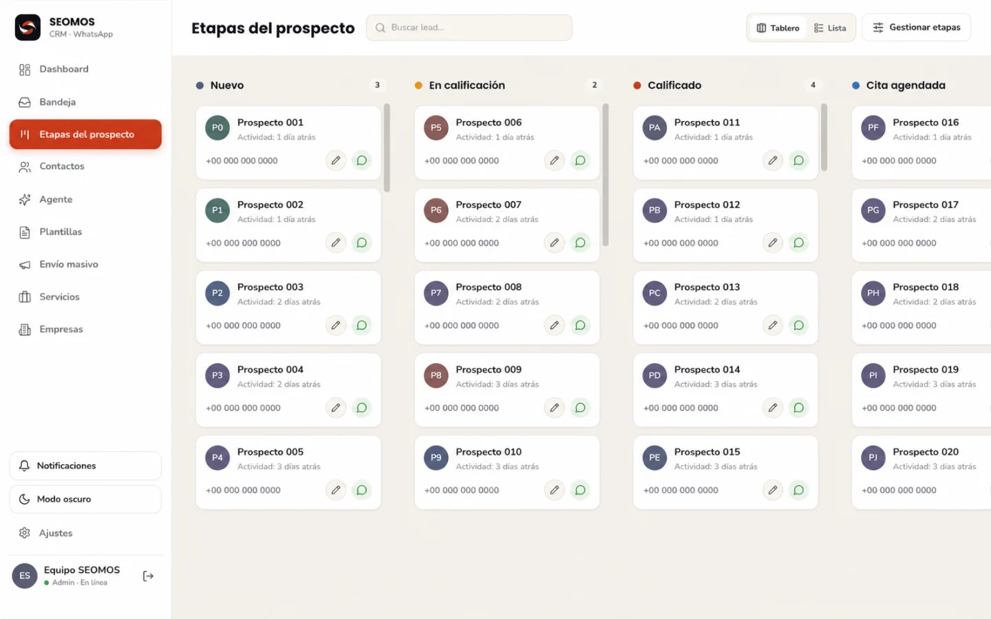 Pipeline comercial por etapas en SEOMOS AI CRM