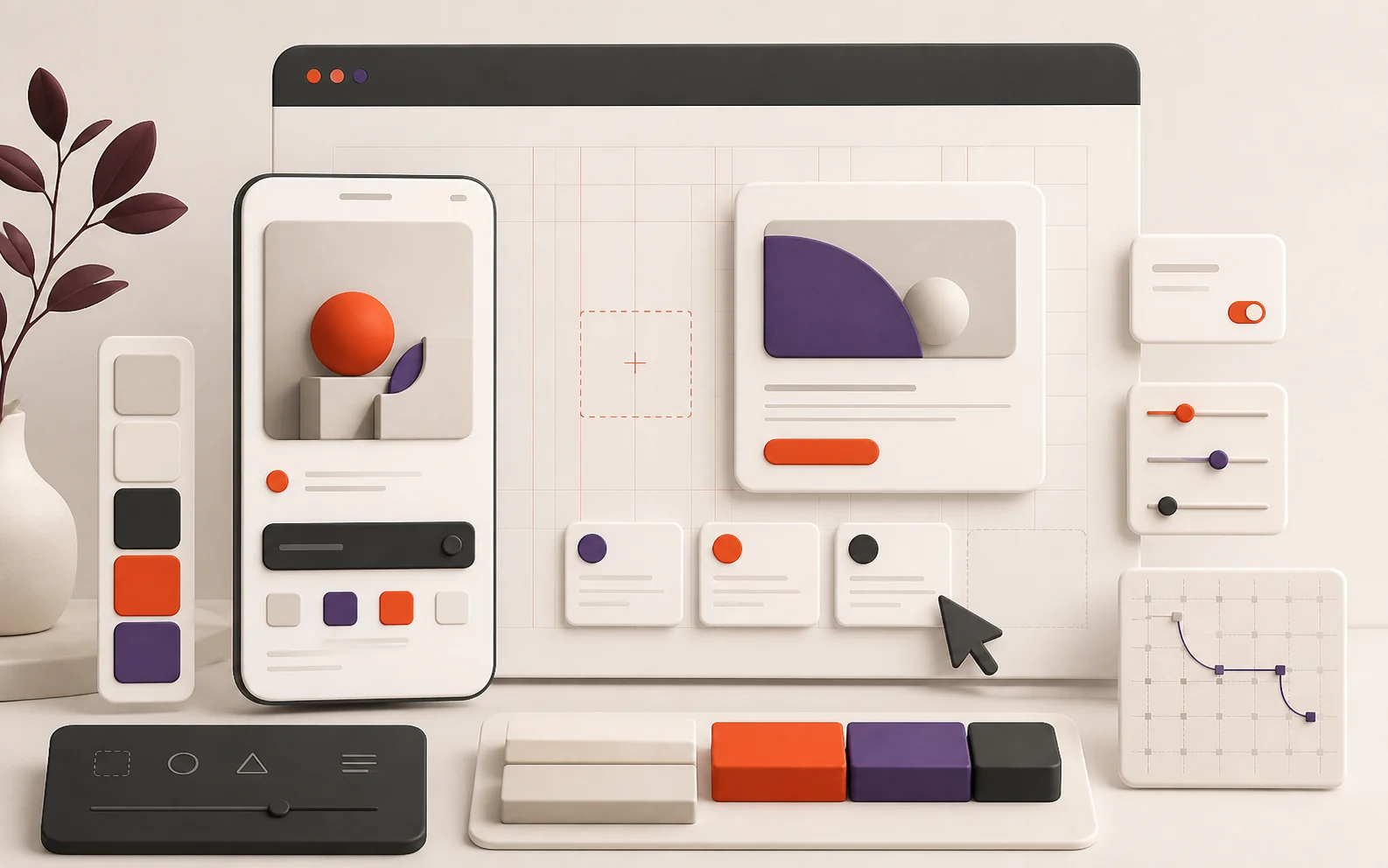 Ilustración editorial de diseño UX UI y sistema de componentes