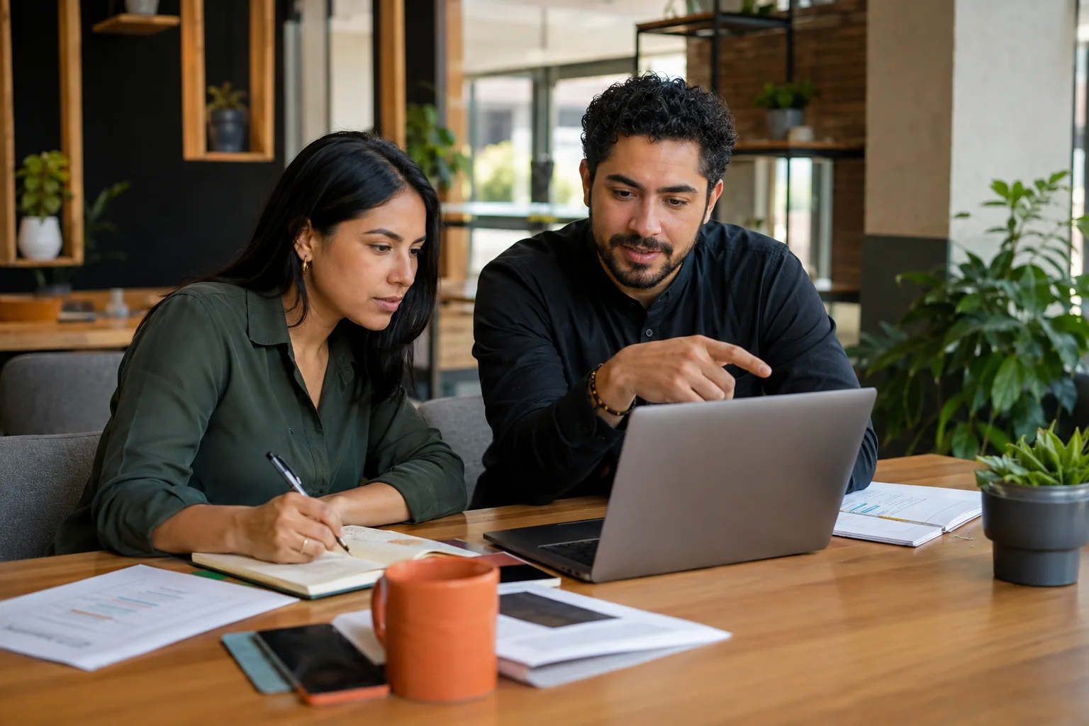 Dos profesionales revisando información en un portátil y tomando notas