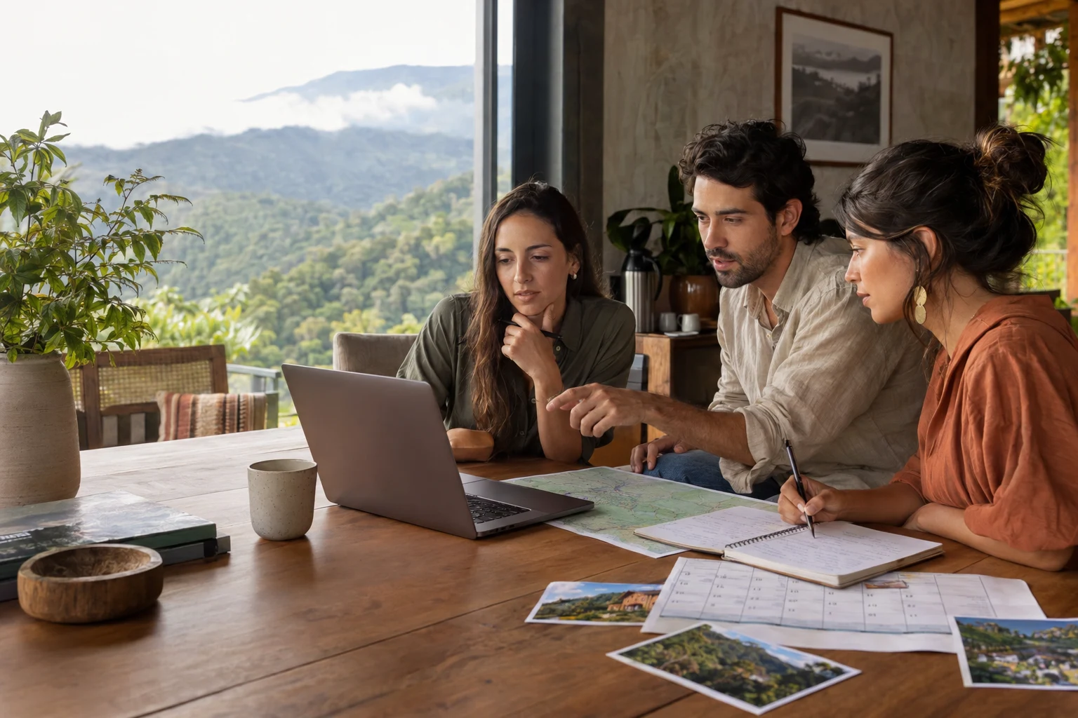 Equipo latinoamericano de turismo revisando un calendario de reservas y una estrategia digital