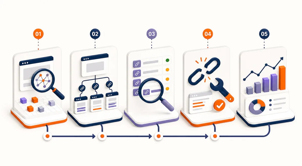 Flujo de auditoría de backlinks para descubrir, revisar, reparar y medir enlaces externos
