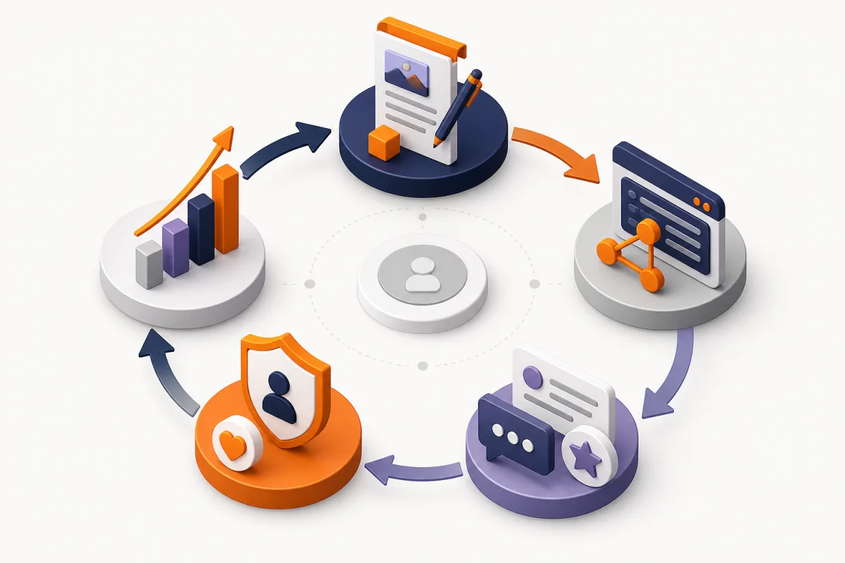 Ciclo de crecimiento de autoridad mediante contenido, enlaces, confianza, visibilidad y medición