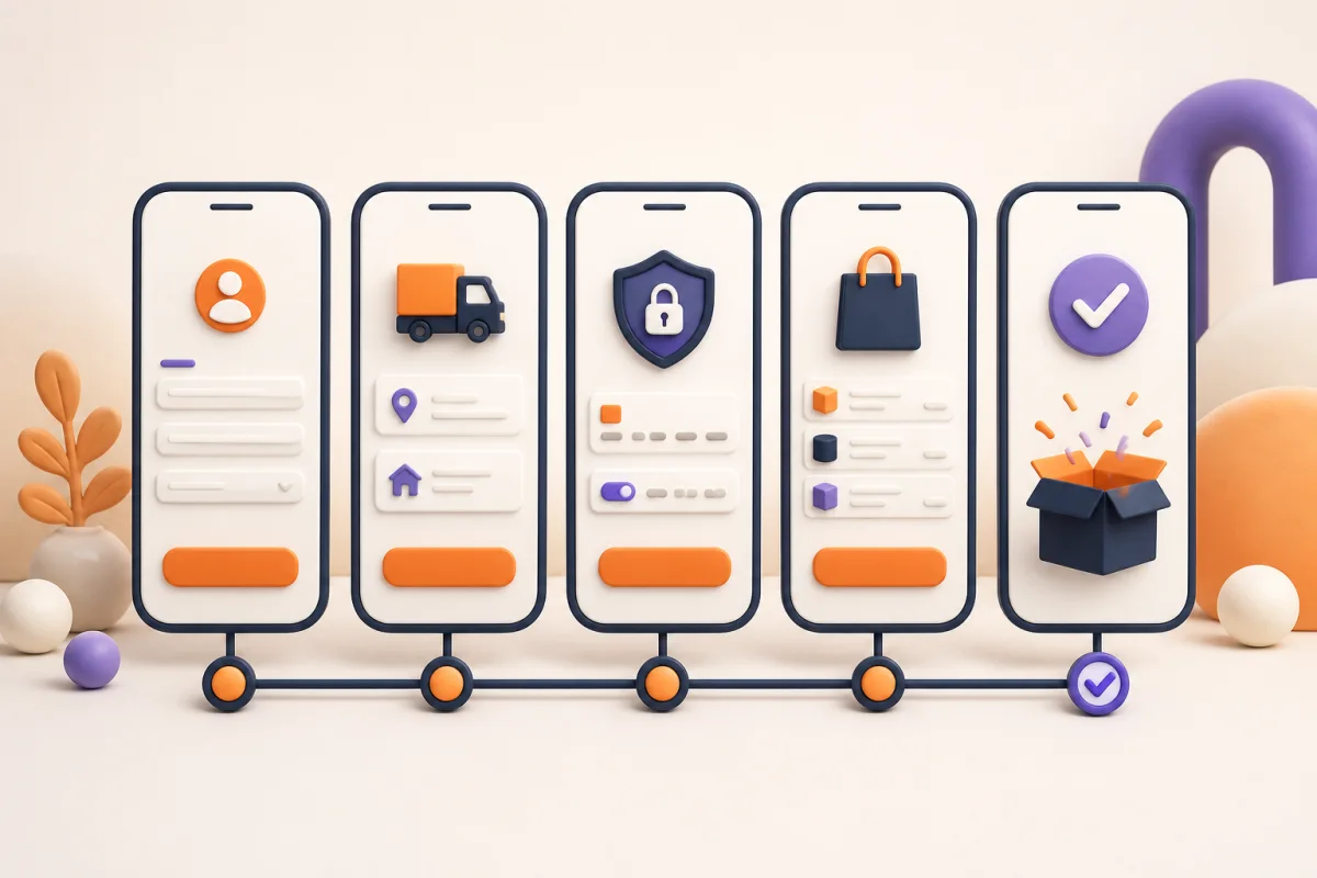 Checkout móvil claro con pasos de datos, entrega, pago y confirmación