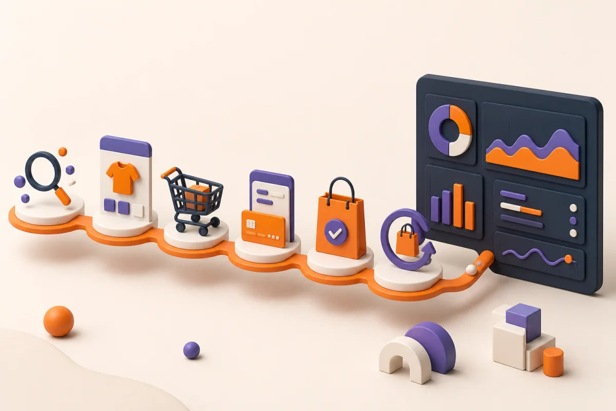 Embudo de analítica ecommerce desde descubrimiento hasta compra y recompra