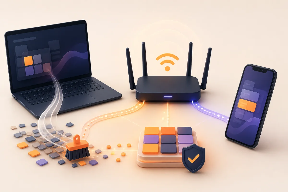 Dispositivo, router y caché DNS dentro de un flujo de solución local