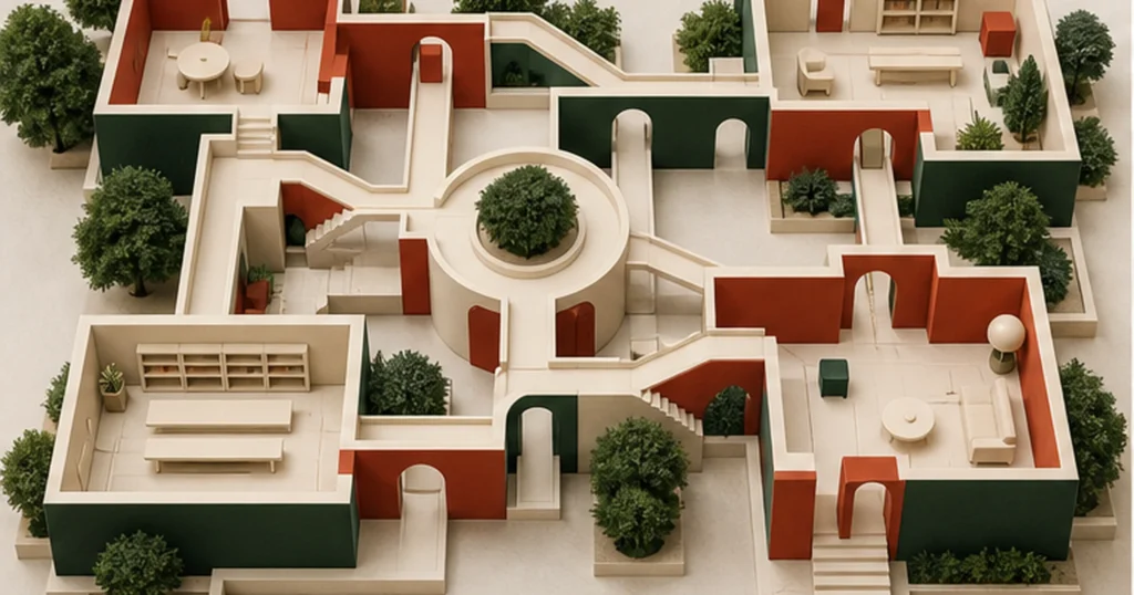 Modelo arquitectónico de un sitio con salas categorías y caminos conectados