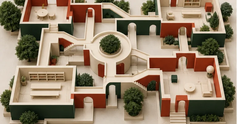 Modelo arquitectónico de un sitio con salas categorías y caminos conectados