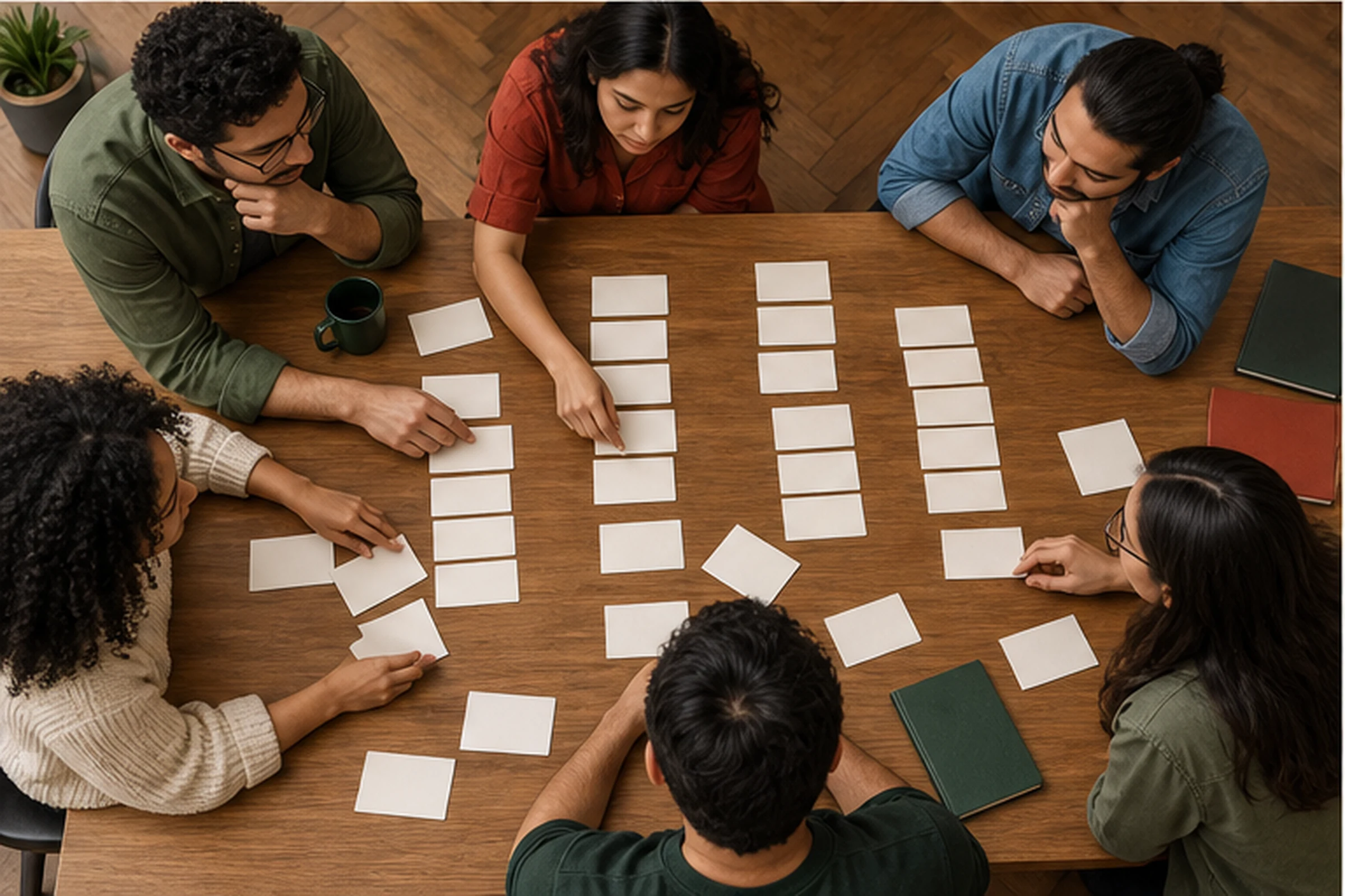 Participantes latinoamericanos agrupan tarjetas de contenido en una mesa