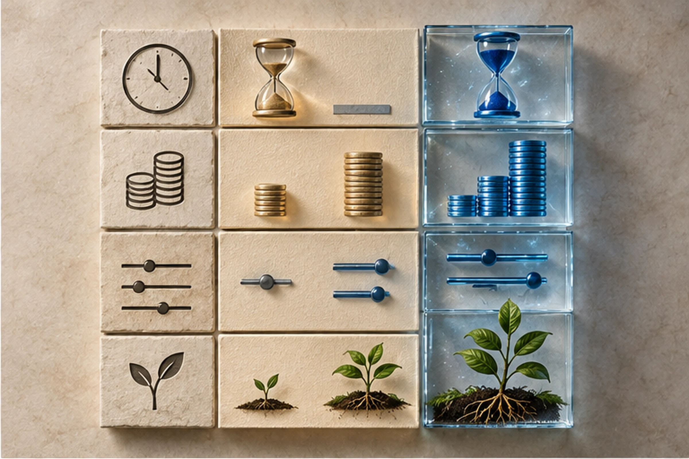 Matriz visual de tiempo costo control y crecimiento para comparar SEO y SEM