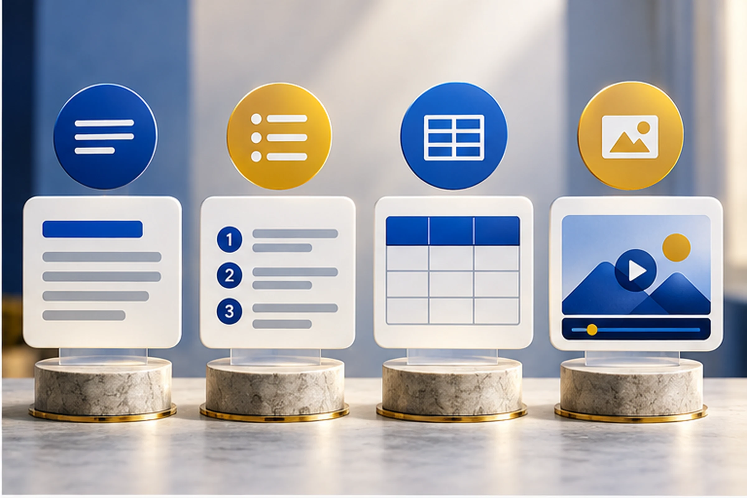 Cuatro tarjetas representan párrafo lista tabla y contenido multimedia