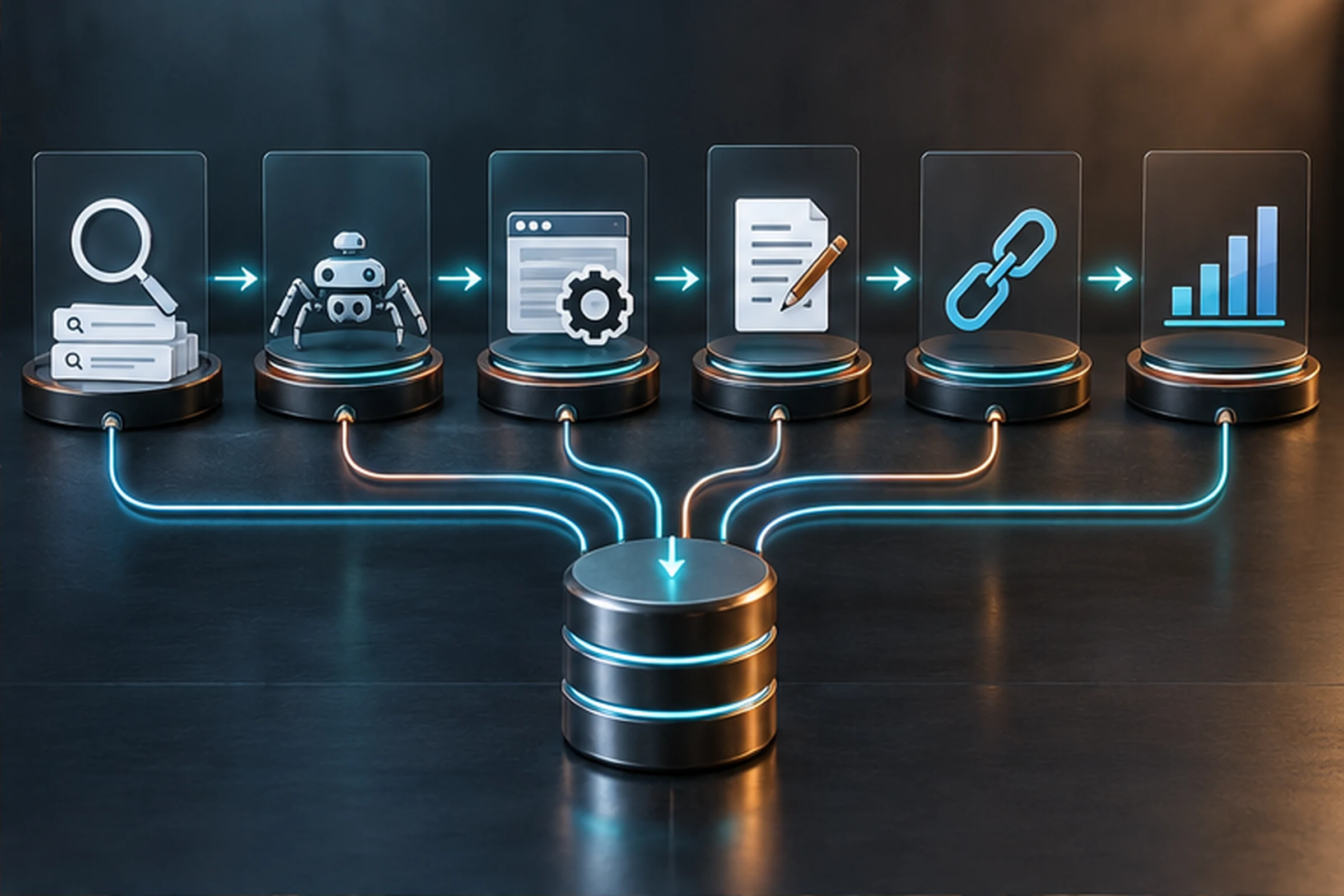 Estaciones conectadas representan investigación rastreo contenido enlaces y analítica