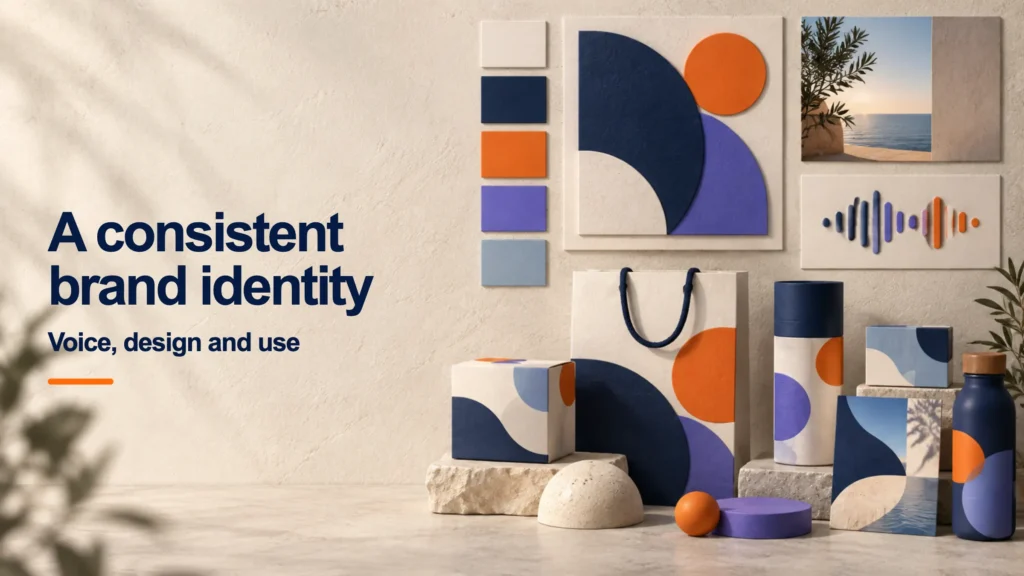Visual brand system applied across assets, colors and voice