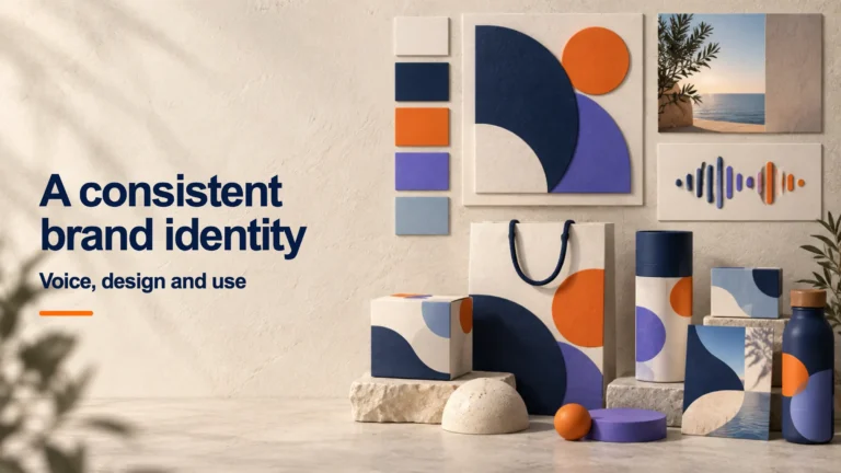 Visual brand system applied across assets, colors and voice