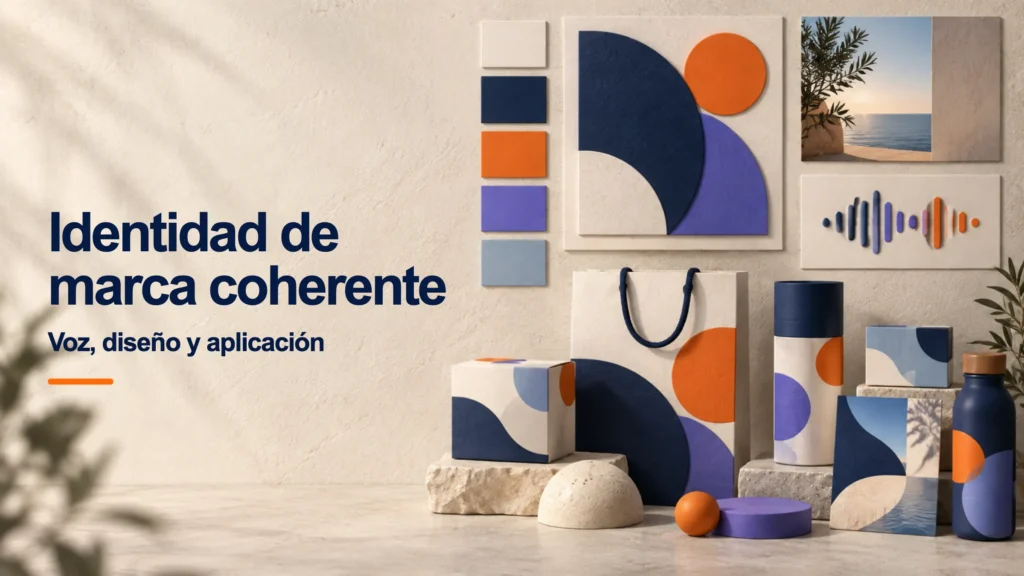 Sistema visual de marca aplicado a piezas, colores y voz