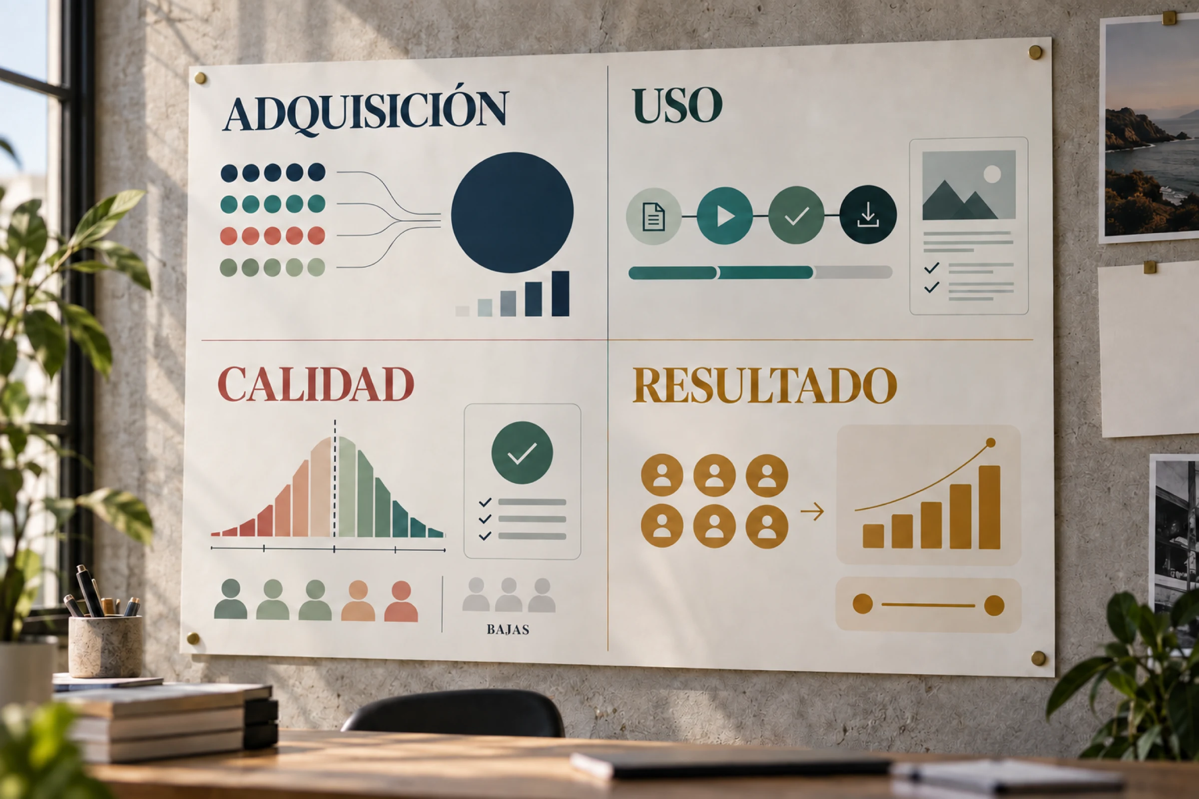 Tablero hipotético de calidad de un lead magnet con adquisición, uso, oportunidades y preferencias