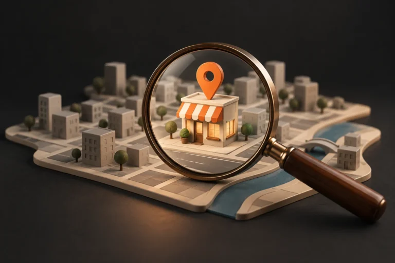 Una lupa localiza un establecimiento y su marcador dentro de un mapa ilustrado