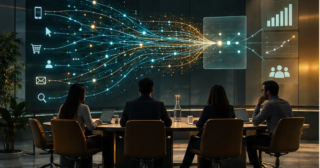 Sala de medición donde señales digitales convergen en una mesa de decisiones