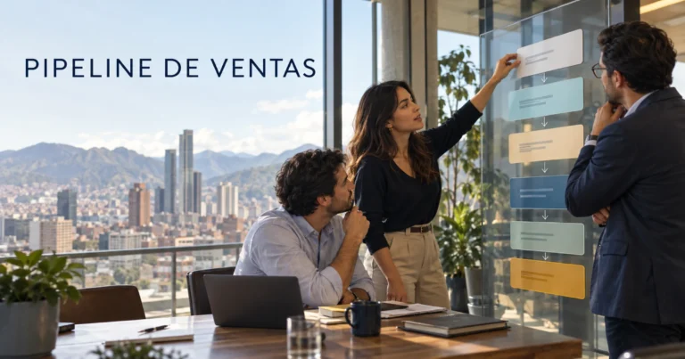 Equipo comercial trabajando con un pipeline de ventas visible y organizado