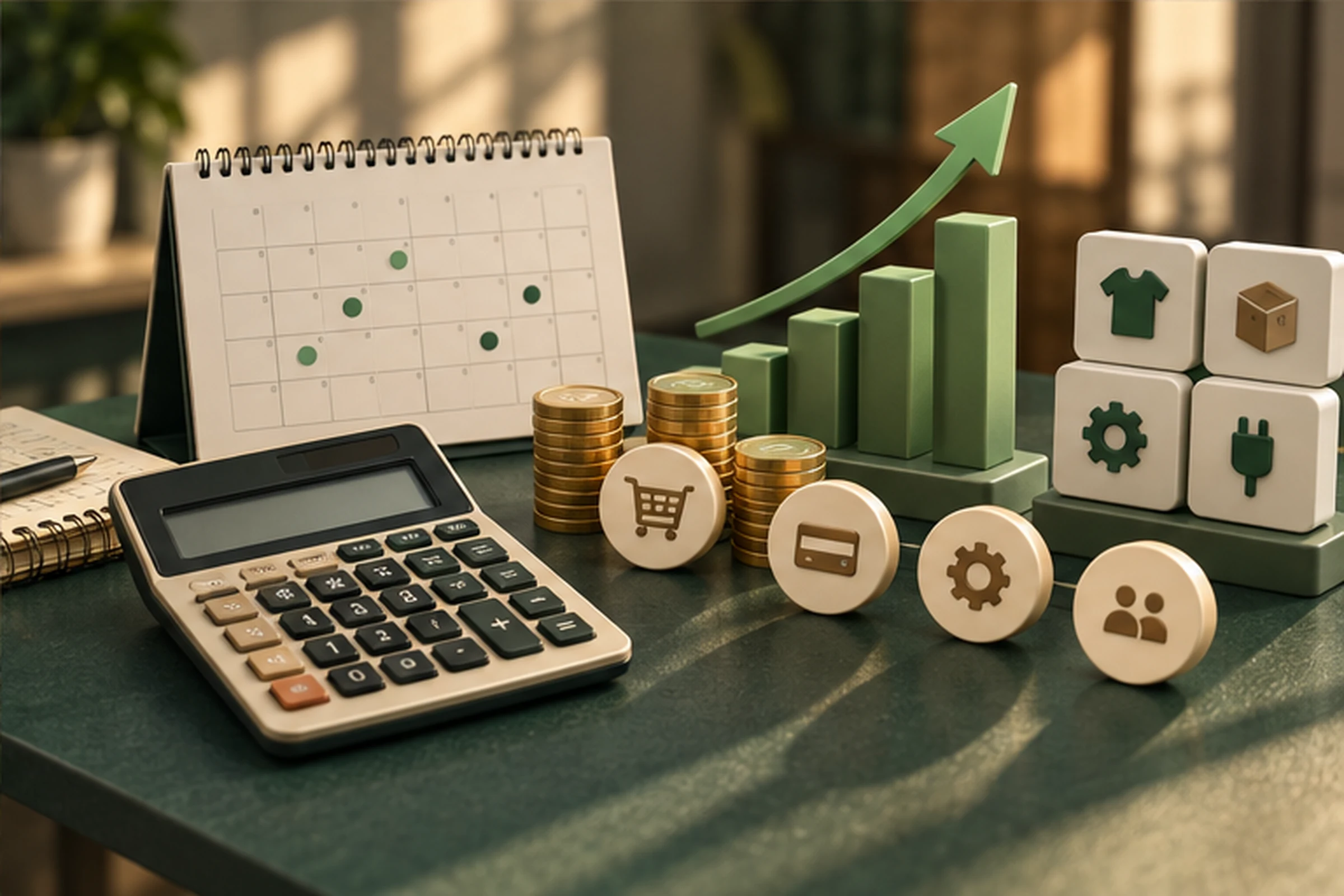 Escena de planeación financiera de una tienda con calendario, calculadora y módulos
