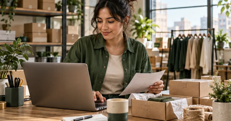 Comerciante gestiona pedidos de una tienda online en un estudio de ecommerce