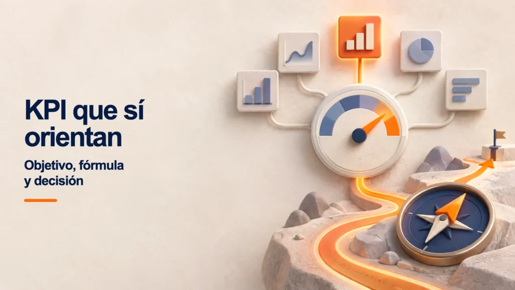 Indicadores conectados con una brújula que orienta decisiones