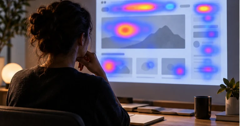 Investigadora UX observa patrones térmicos abstractos sobre un prototipo web