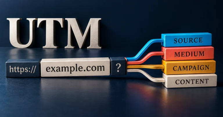 Composición editorial de una URL con parámetros UTM organizados por color
