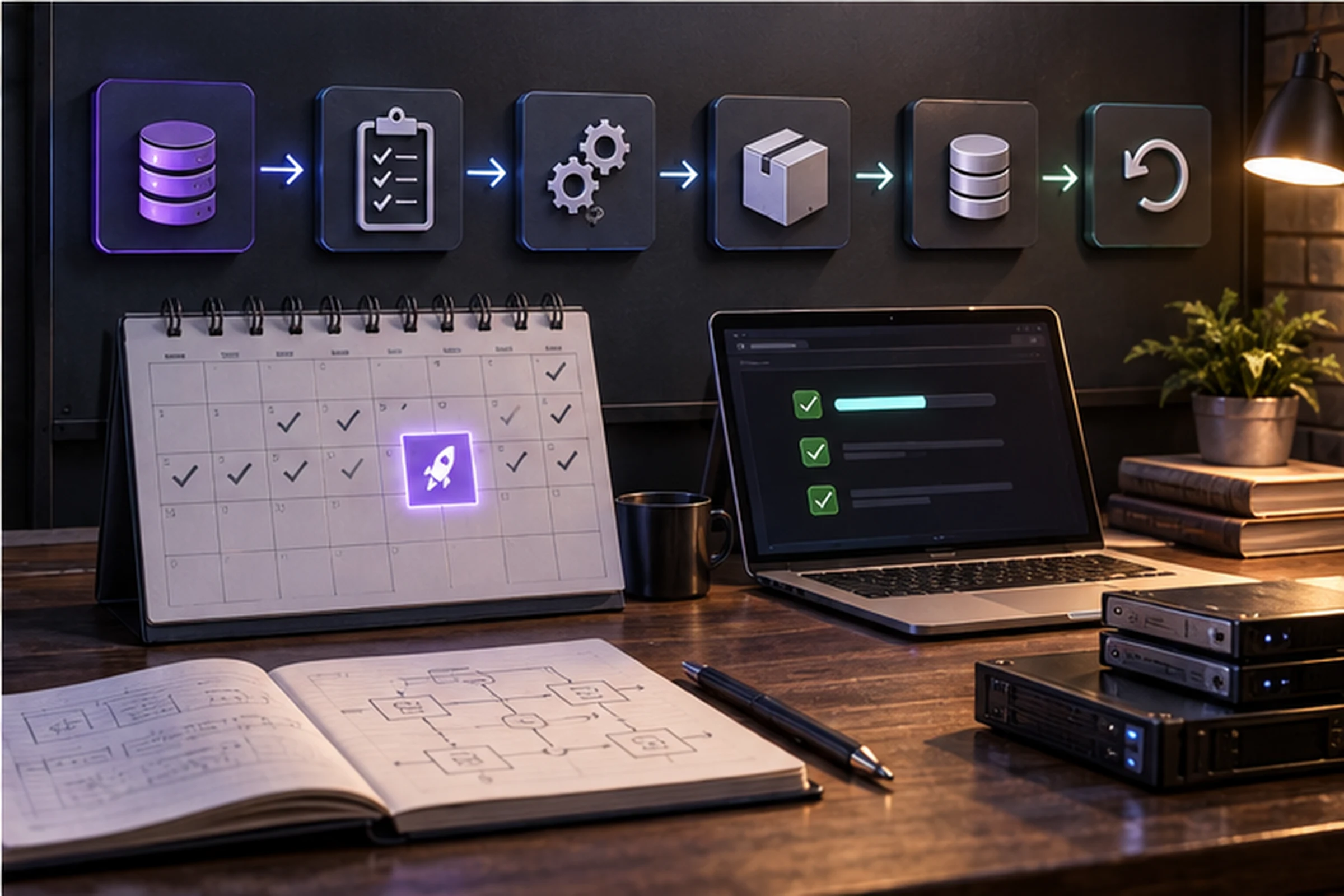 Calendario técnico representa pruebas actualizaciones copias y reversión de una tienda