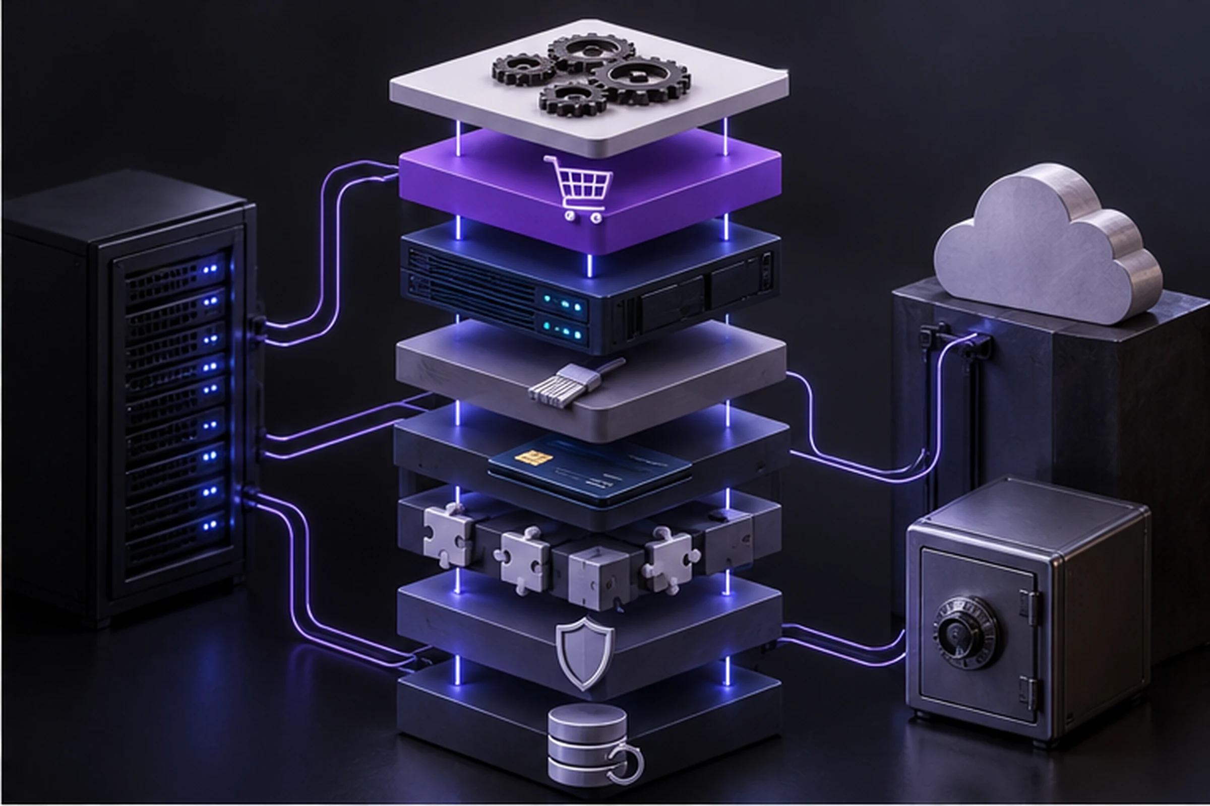 Modelo tridimensional muestra capas de una tienda WordPress con comercio pagos y seguridad