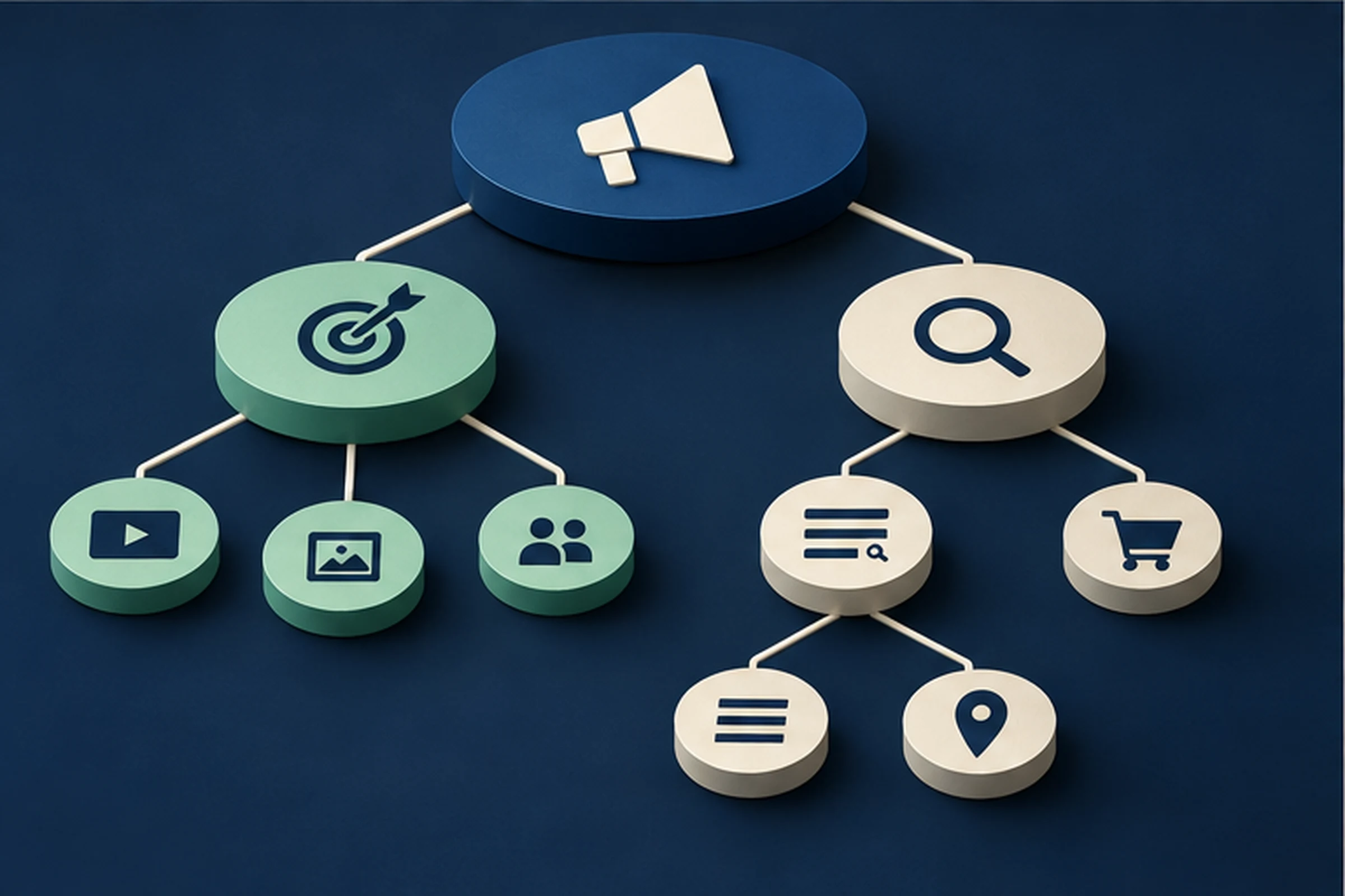 Mapa isométrico de relaciones entre PPC paid media SEM búsqueda social video y ecommerce