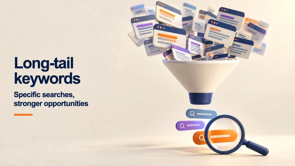 Search funnel that turns broad queries into specific long-tail keywords