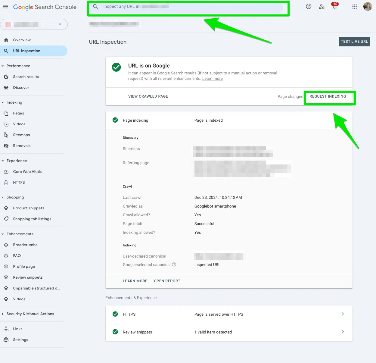 Captura real de Inspección de URL y el botón Solicitar indexación en Google Search Console