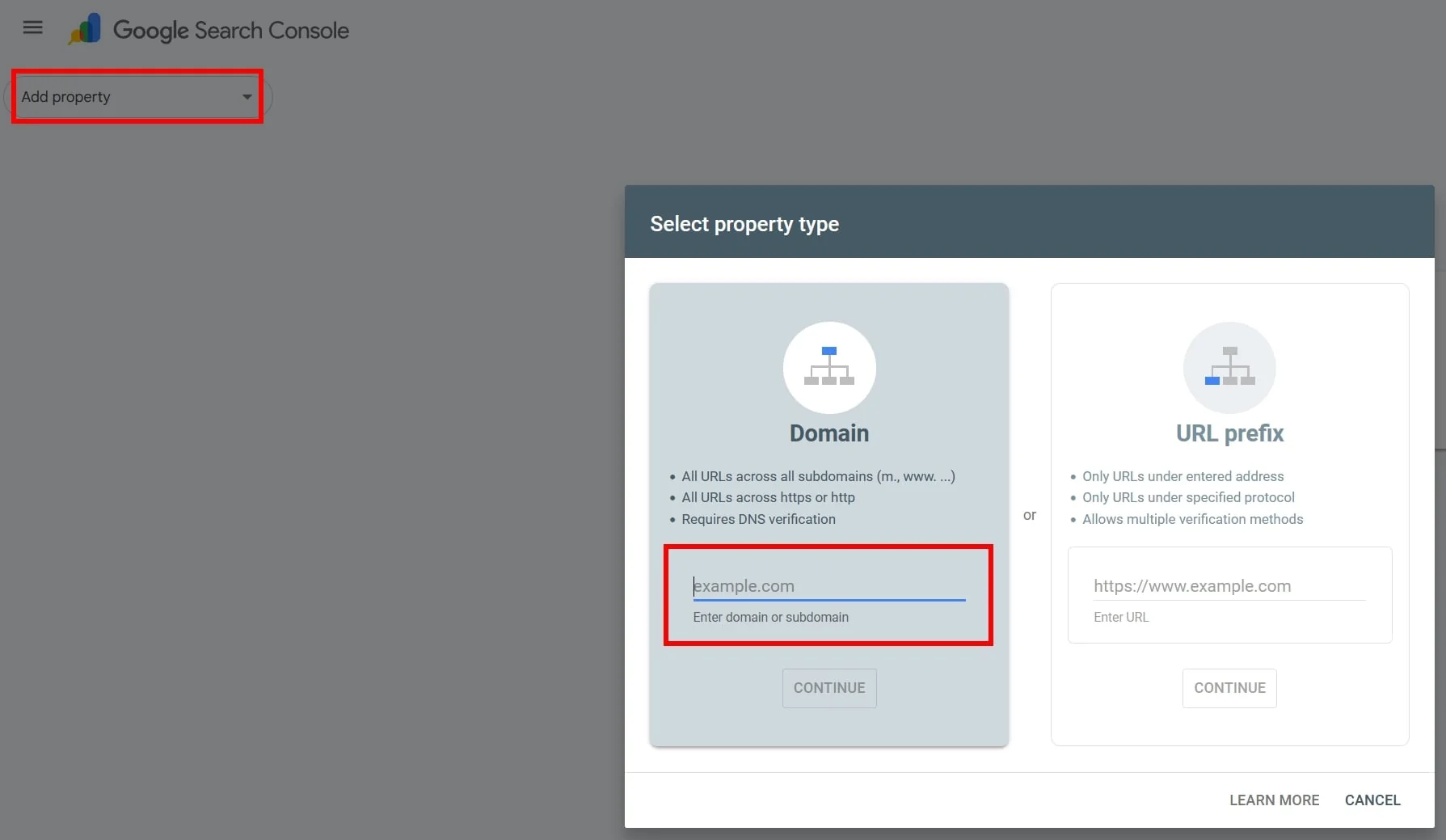 Captura real del selector de propiedad de dominio y prefijo de URL en Google Search Console
