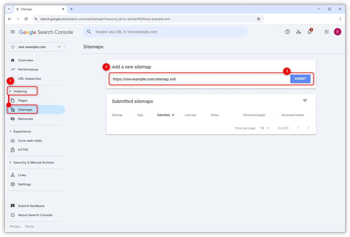 Captura real del formulario para enviar un sitemap en Google Search Console