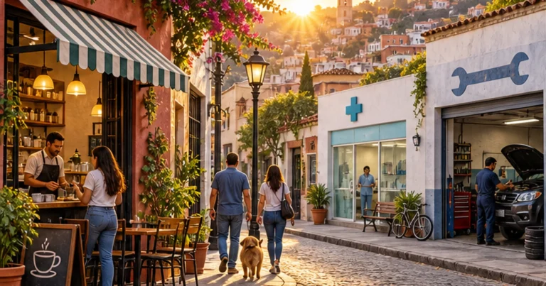 Barrio latinoamericano con cafetería clínica y taller atendiendo clientes locales
