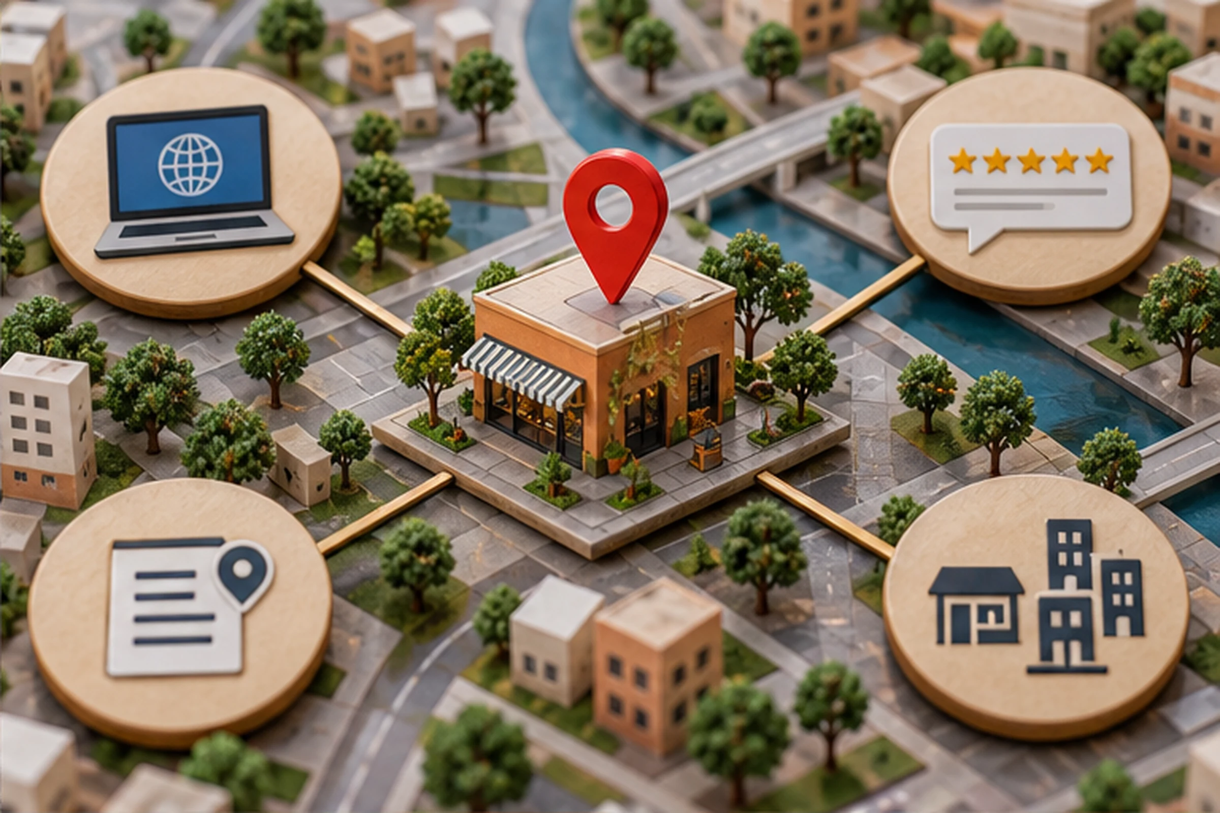 Modelo de ciudad conecta un negocio con su web ubicación reseñas y datos locales