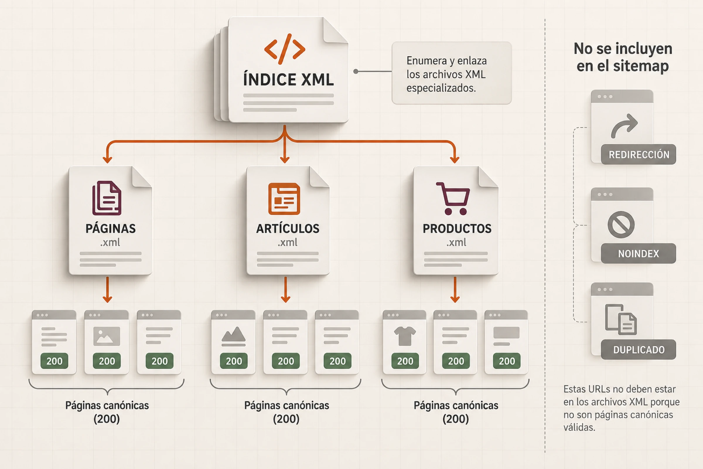 Modelo de un sitemap que conecta un índice XML con páginas canónicas y tipos de contenido