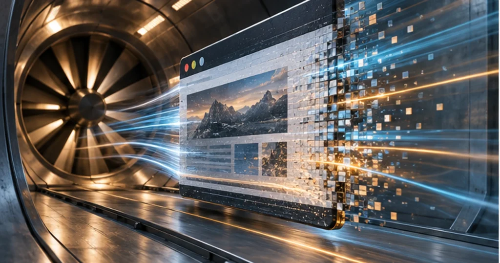 Ventana web atravesando un túnel técnico que representa optimización de rendimiento